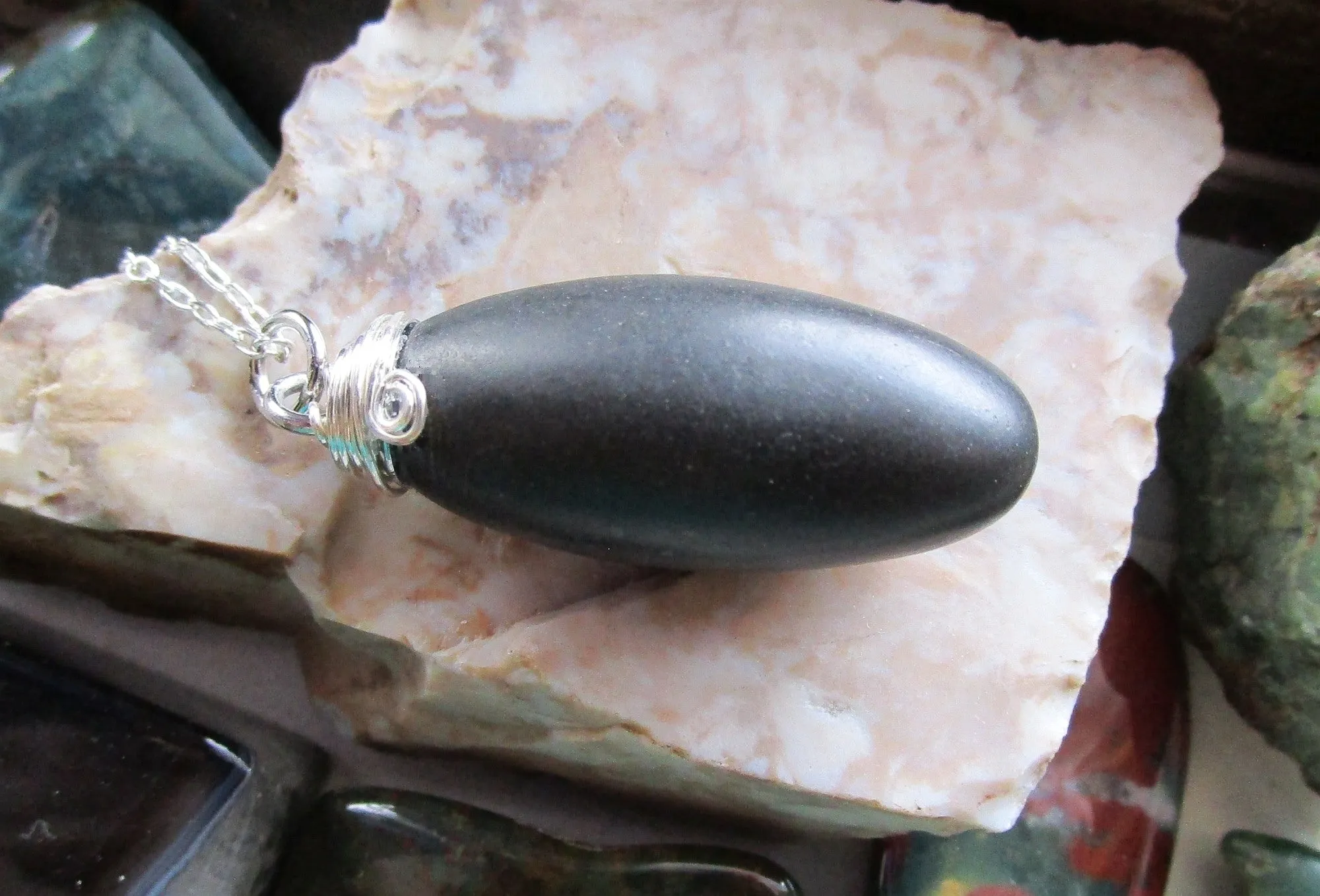 Black Shiva Lingam Natural Stone Wire Wrapped Pendant