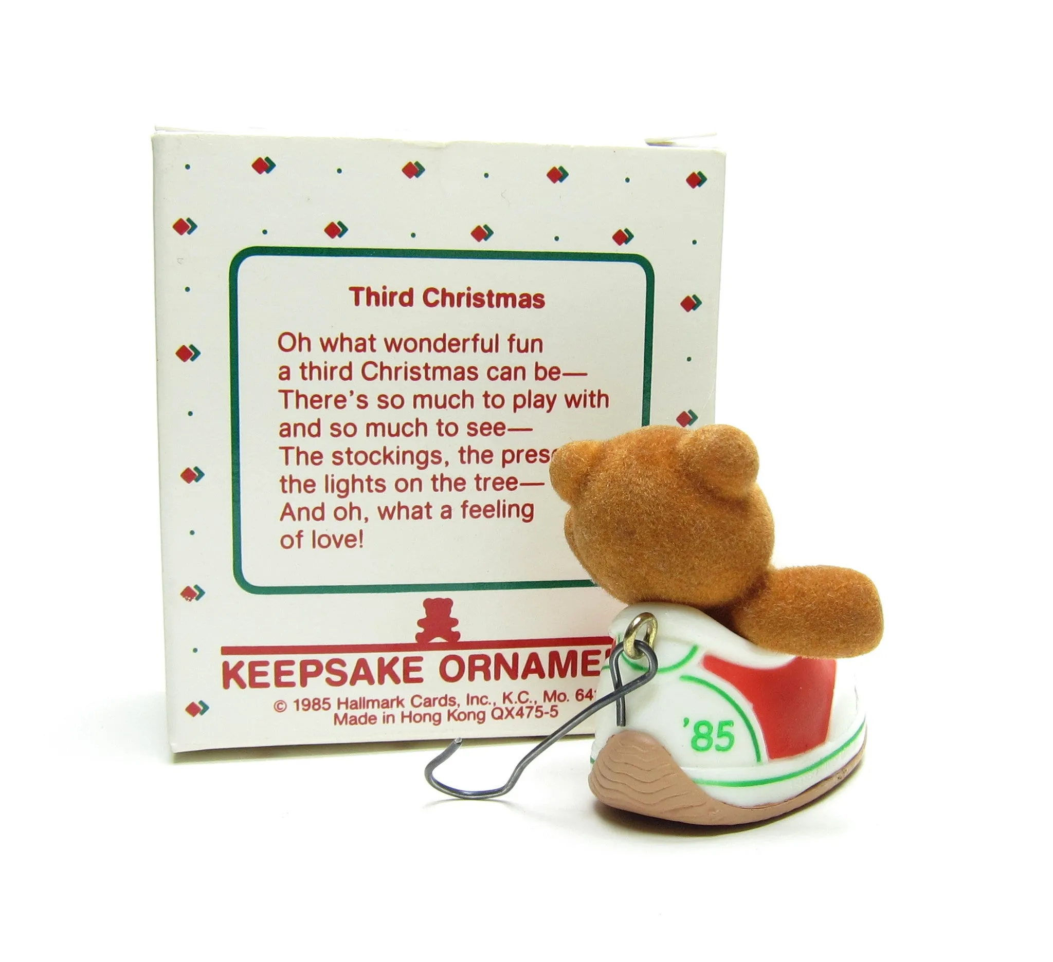 Child's Third Christmas Vintage 1985 Hallmark Teddy Bear in Shoe Keepsake Ornament