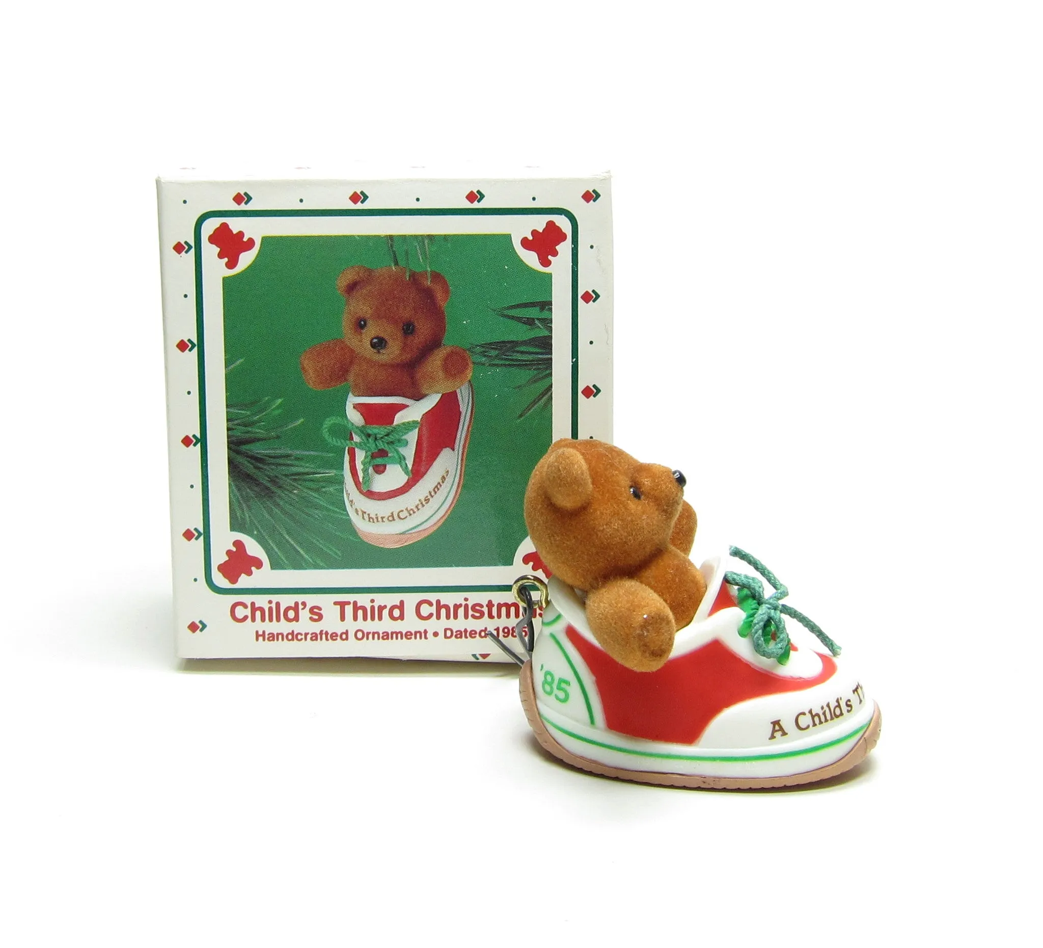 Child's Third Christmas Vintage 1985 Hallmark Teddy Bear in Shoe Keepsake Ornament