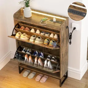 classic Shoe Cabinet Storage with LED lights for Entryway,  2 Drawer Industrial Shoe Organizer with Charging Station, Freestanding Slim Shoe Rack Storage Stand
