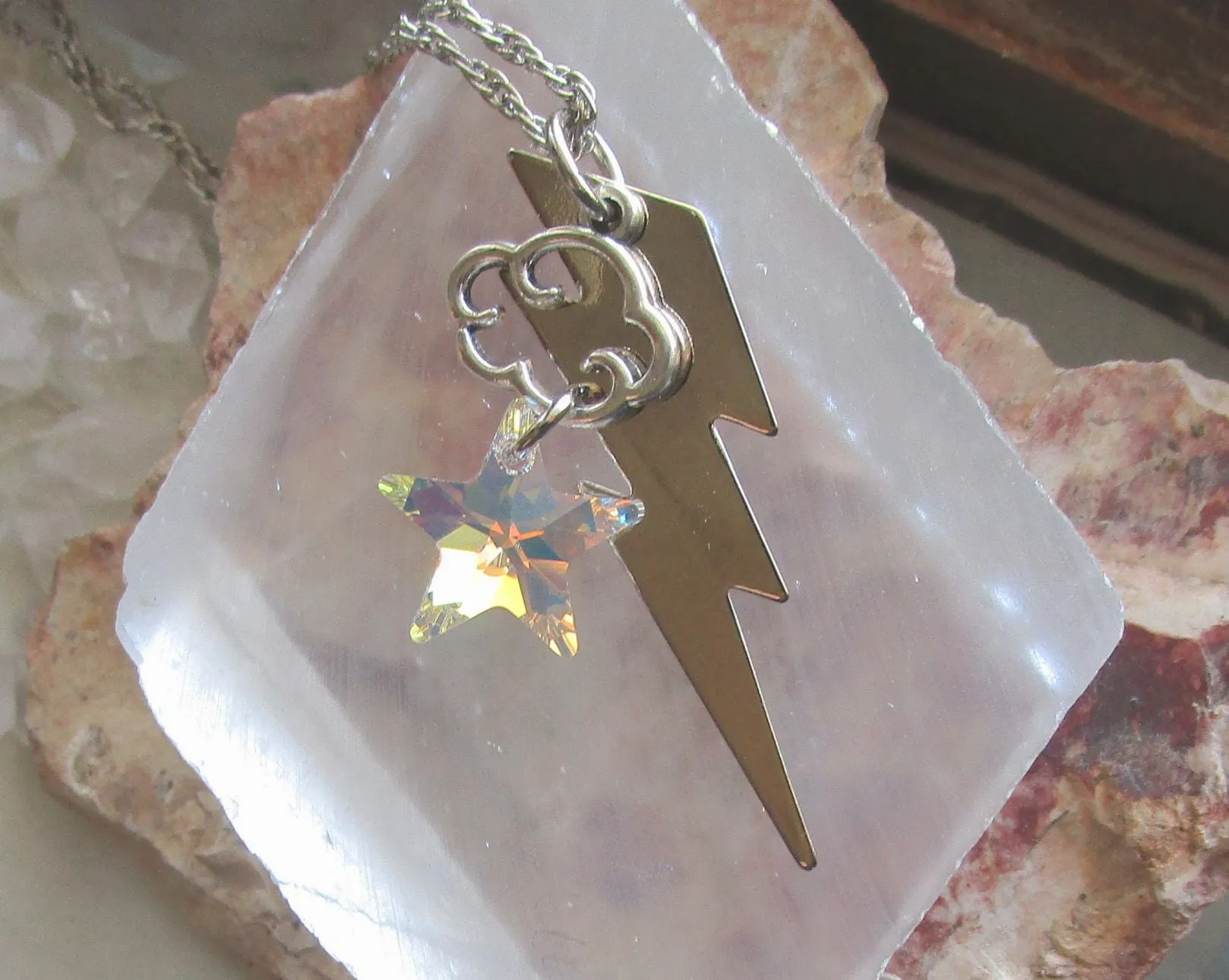 Crystal Aurora Borealis Star Lightning Bolt Pendant Necklace