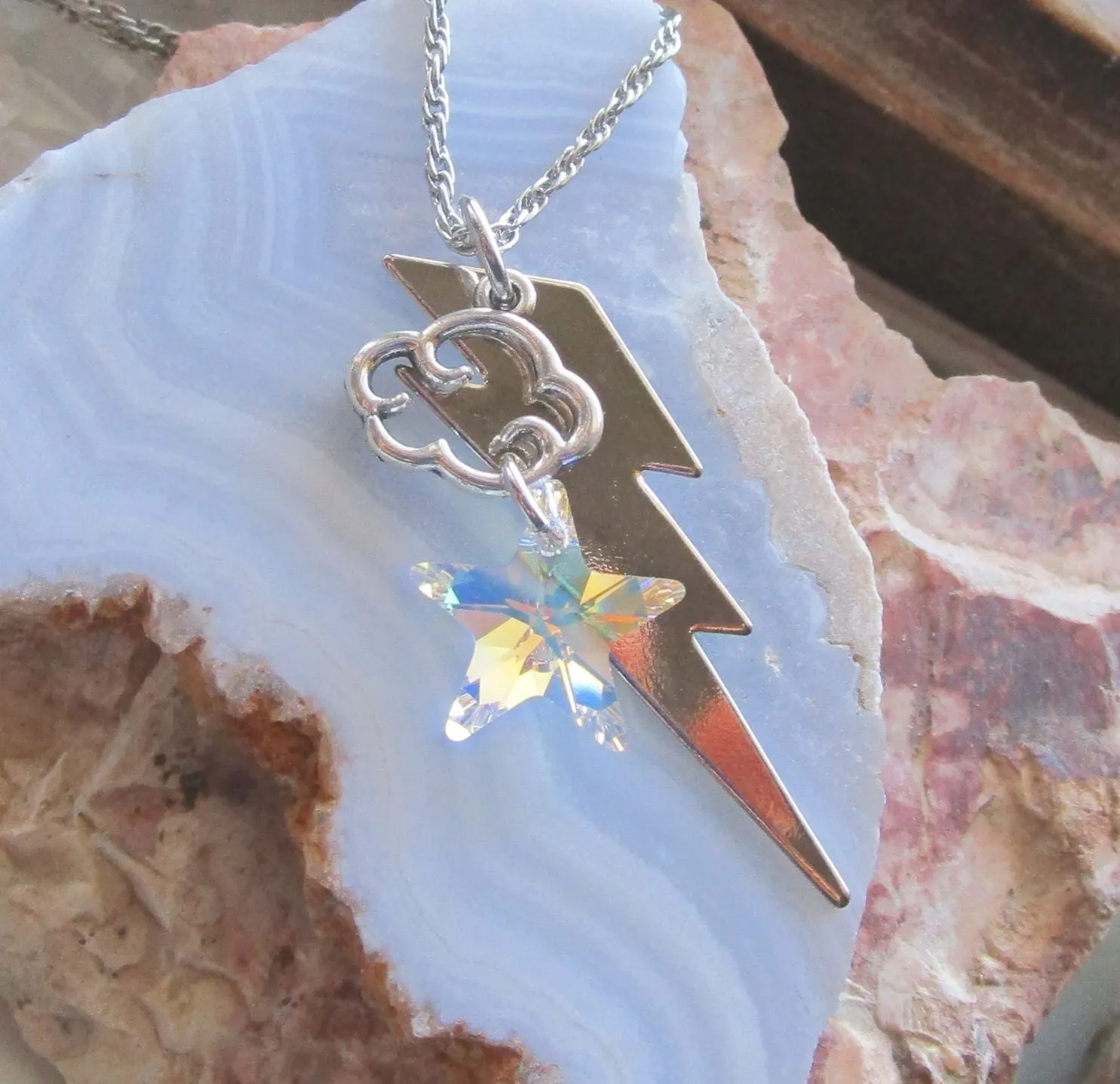 Crystal Aurora Borealis Star Lightning Bolt Pendant Necklace