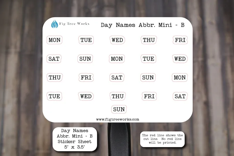 Day Names Abbreviated Mini Sticker Sheet  | Weekday Name Sticker, Kiss Cut, Matte Finish