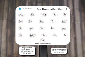 Day Names Abbreviated Mini Sticker Sheet  | Weekday Name Sticker, Kiss Cut, Matte Finish