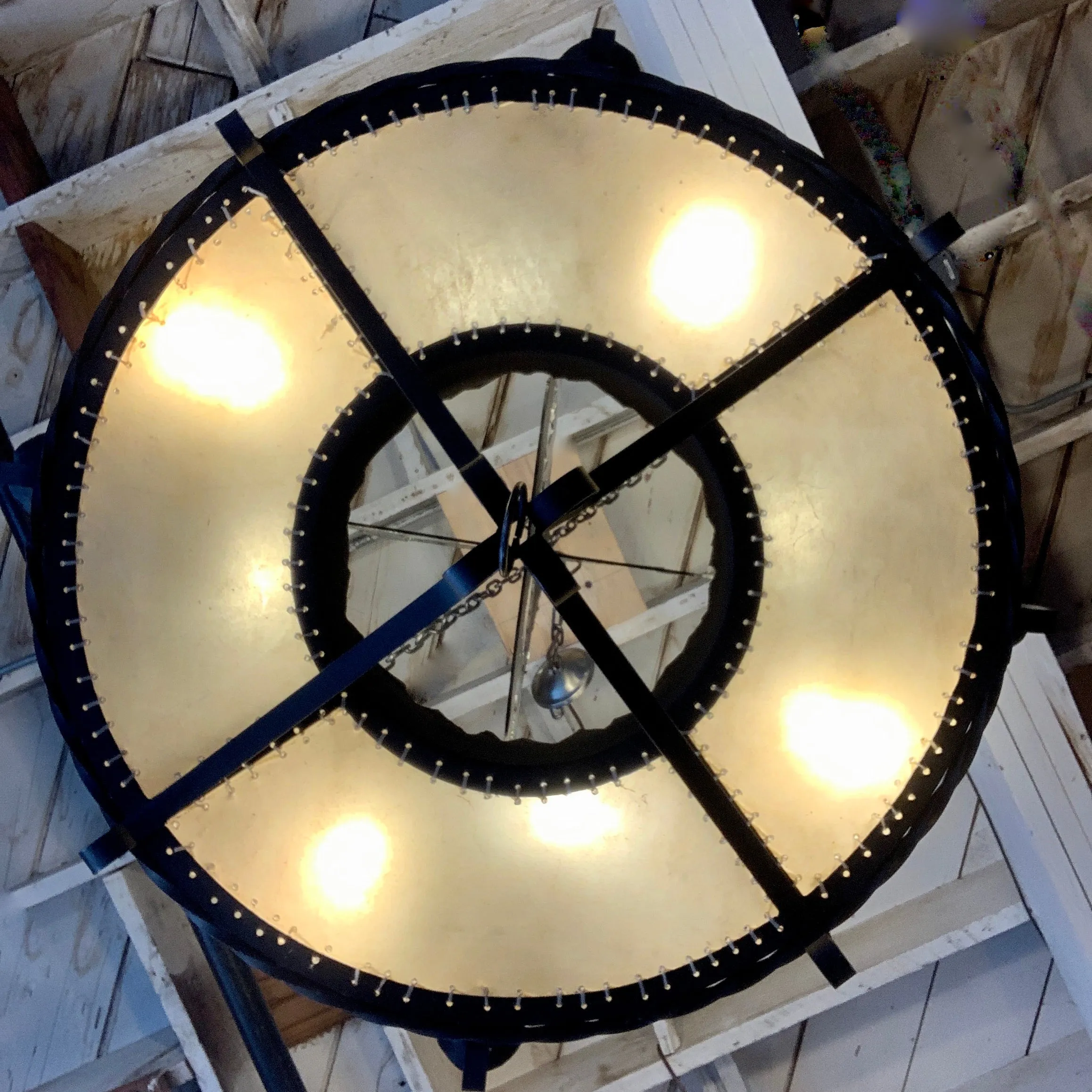 Elkhorn Designs Chandelier Hanging Light, Cowboy, Western, Steel, Iron, Cowhide