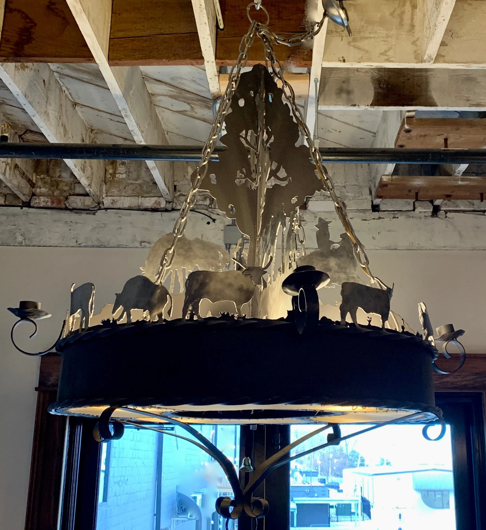 Elkhorn Designs Chandelier Hanging Light, Cowboy, Western, Steel, Iron, Cowhide