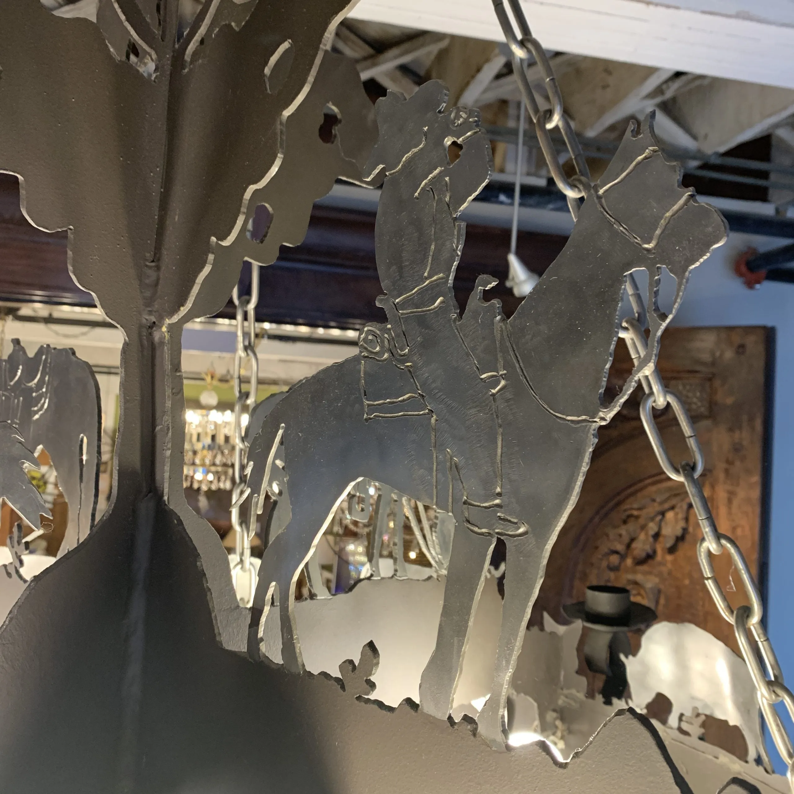 Elkhorn Designs Chandelier Hanging Light, Cowboy, Western, Steel, Iron, Cowhide