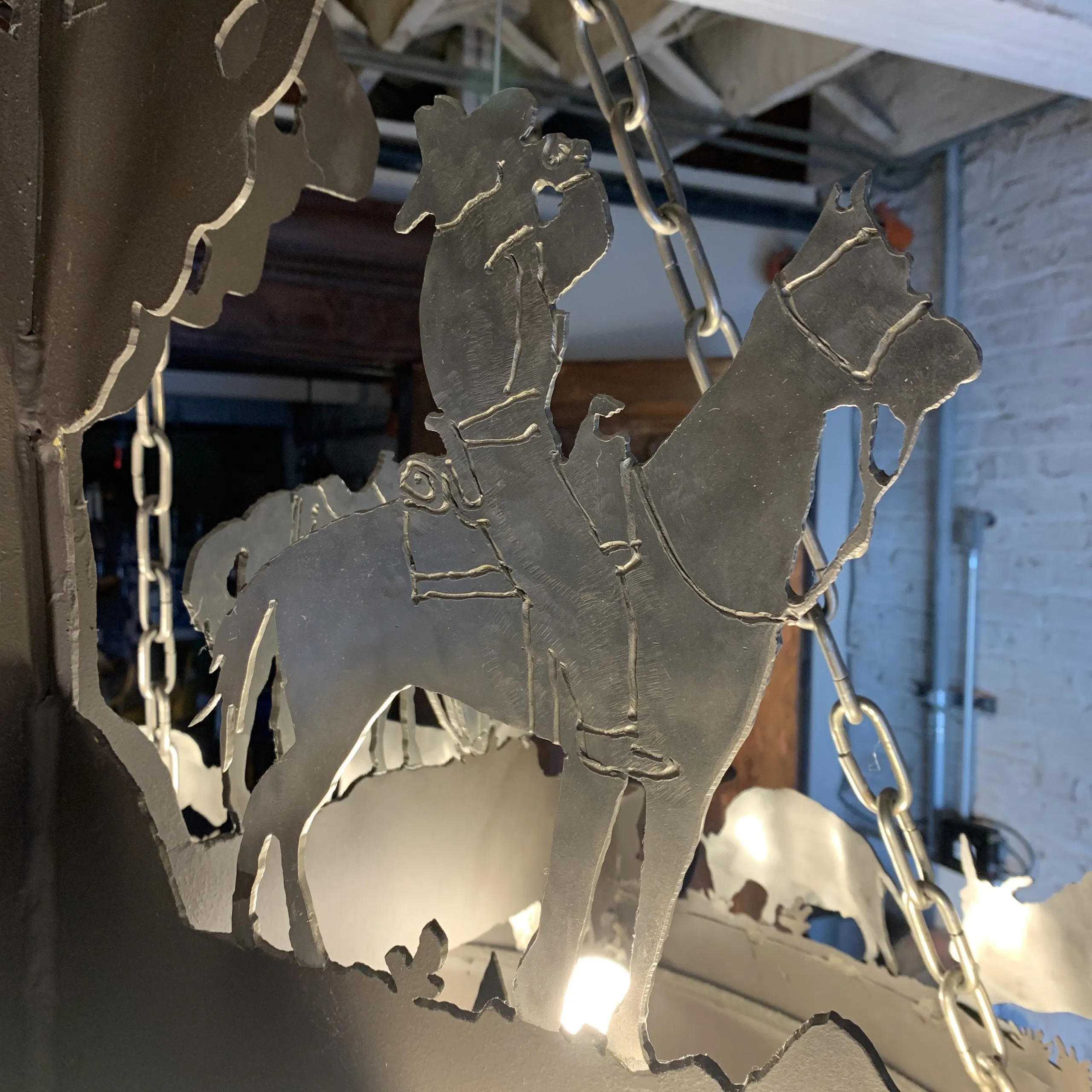 Elkhorn Designs Chandelier Hanging Light, Cowboy, Western, Steel, Iron, Cowhide