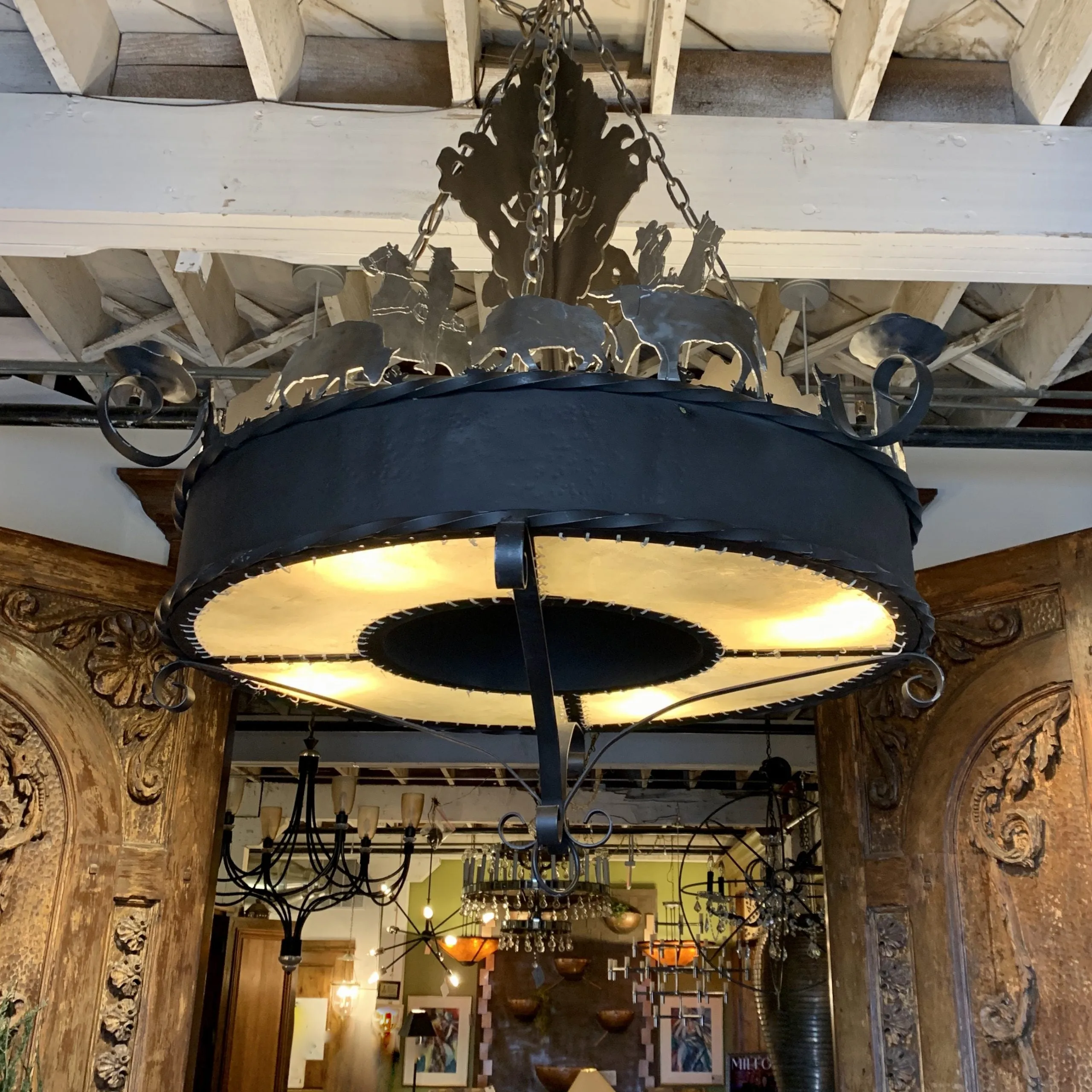 Elkhorn Designs Chandelier Hanging Light, Cowboy, Western, Steel, Iron, Cowhide