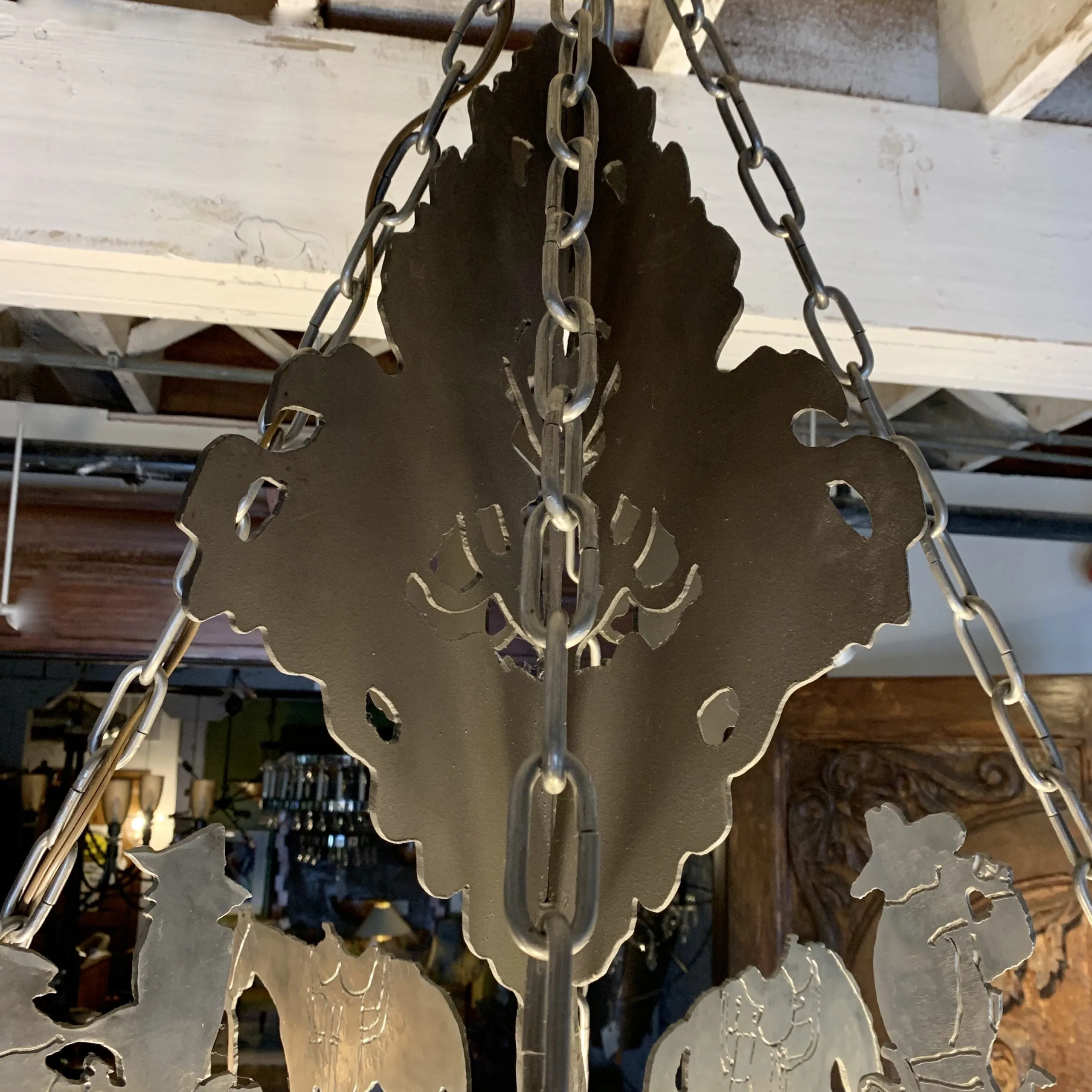 Elkhorn Designs Chandelier Hanging Light, Cowboy, Western, Steel, Iron, Cowhide