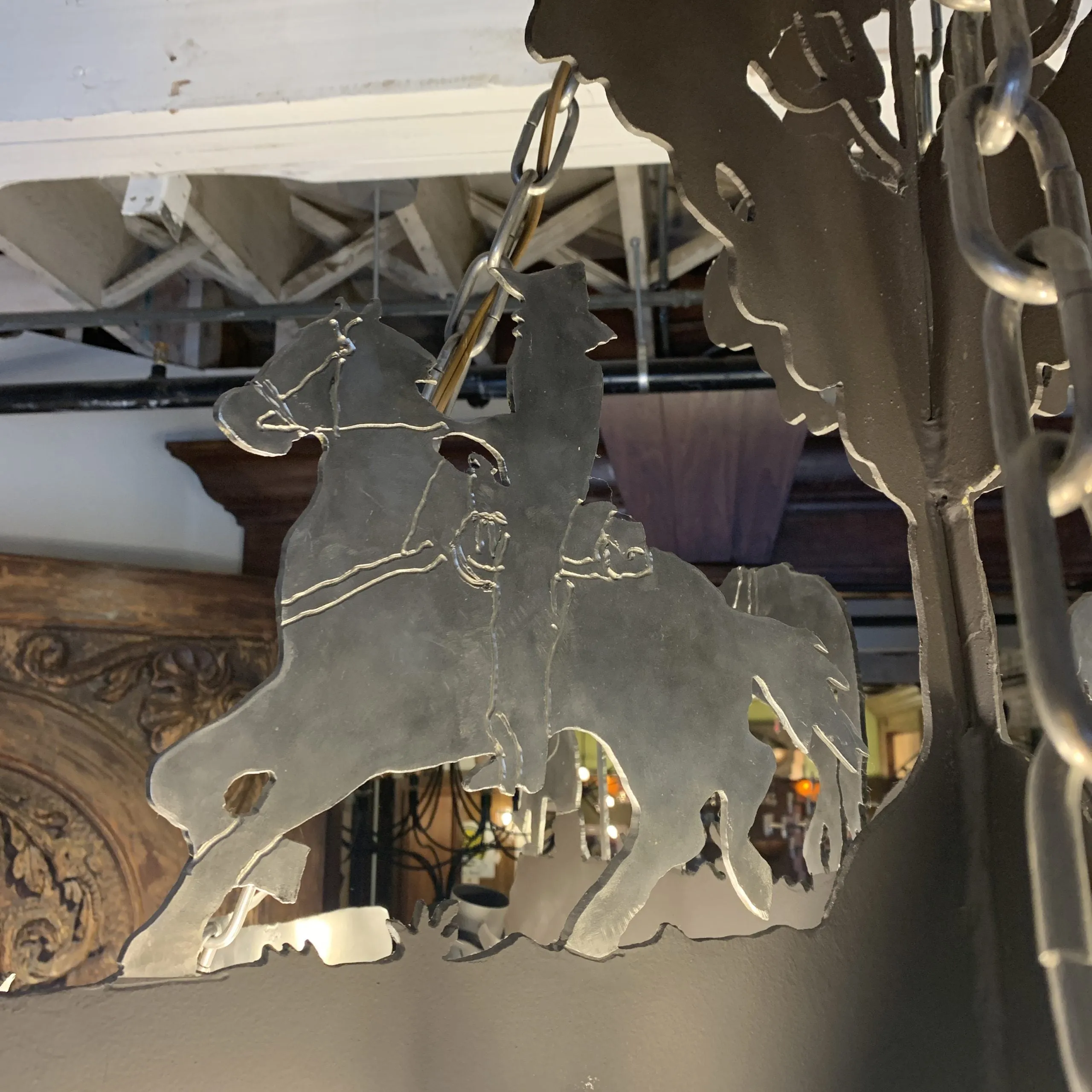 Elkhorn Designs Chandelier Hanging Light, Cowboy, Western, Steel, Iron, Cowhide