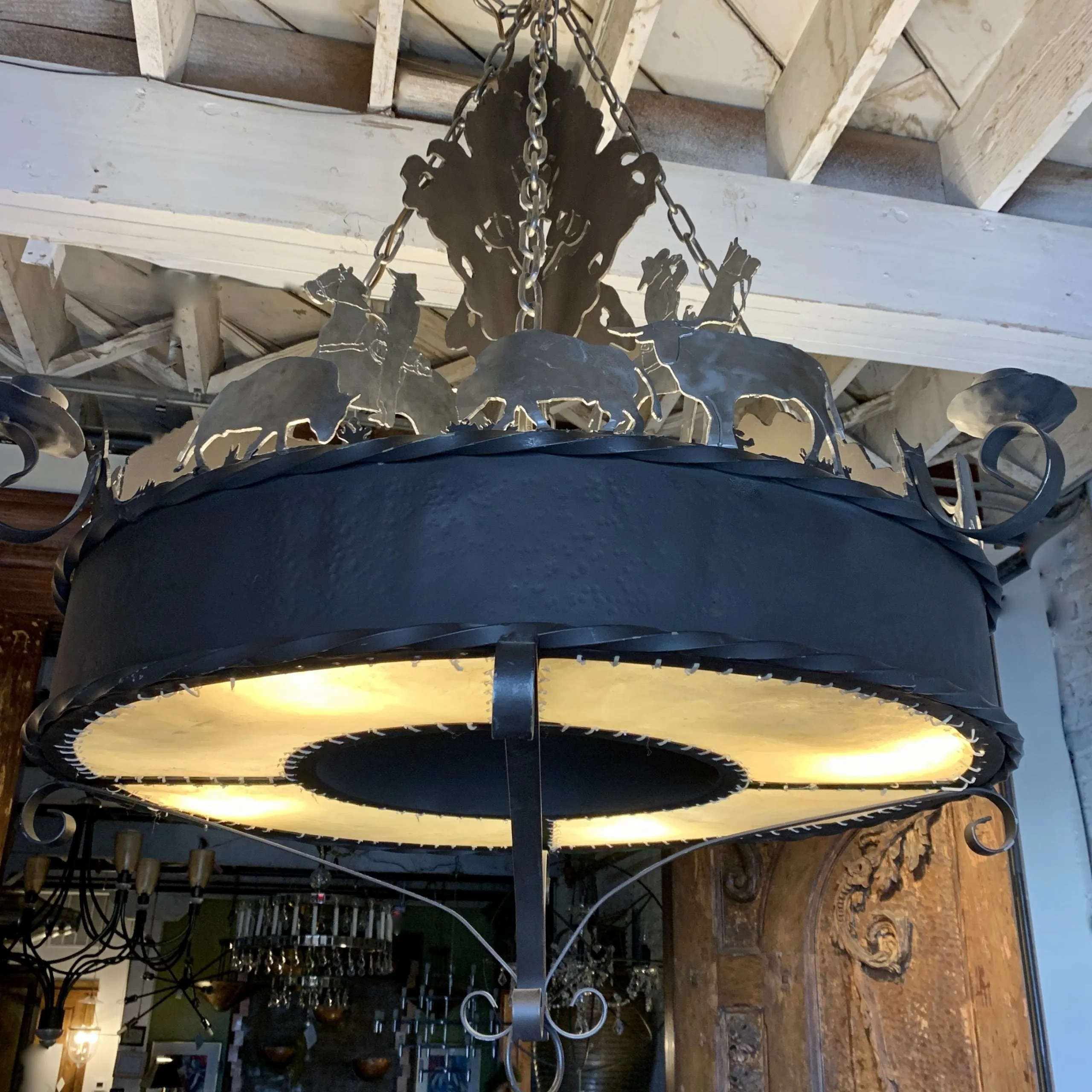 Elkhorn Designs Chandelier Hanging Light, Cowboy, Western, Steel, Iron, Cowhide