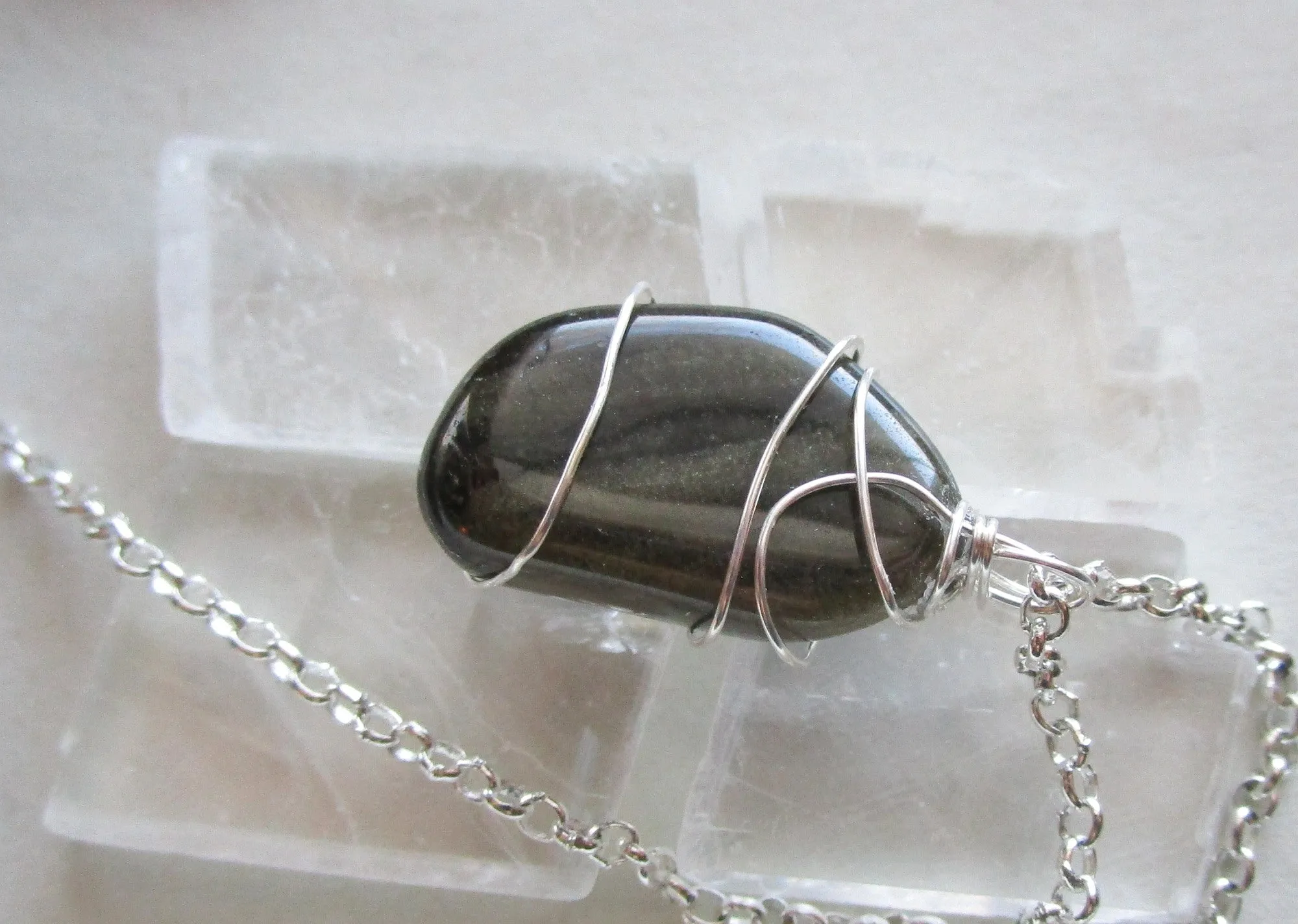 Golden Sheen Obsidian Wire Wrapped Natural Crystal Pendant Necklace