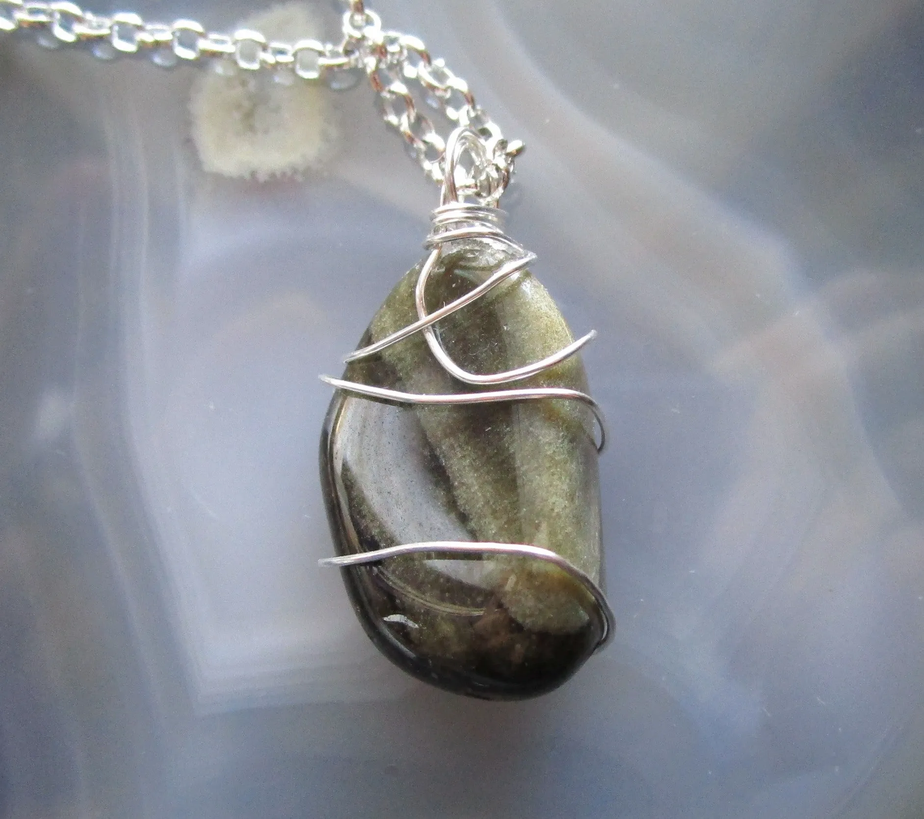 Golden Sheen Obsidian Wire Wrapped Natural Crystal Pendant Necklace