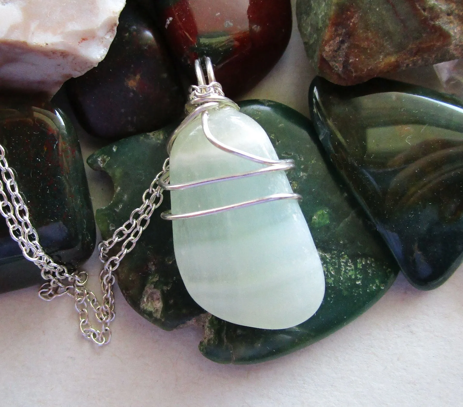 Green Pistachio Calcite Natural Crystal Gemstone Pendant Necklace