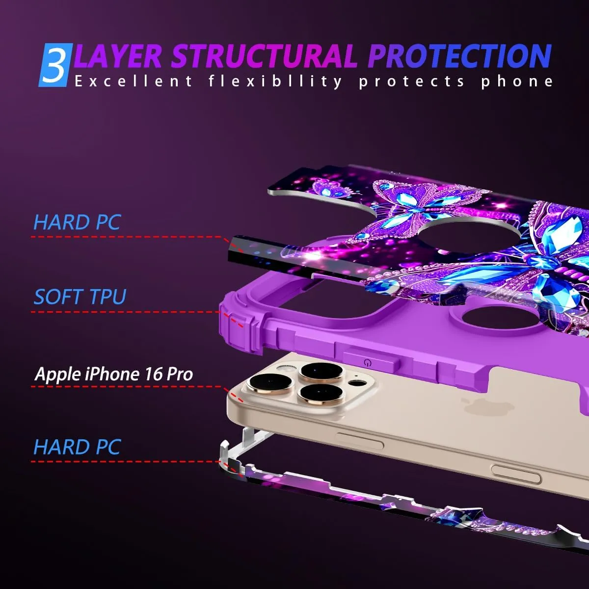 iPhone 16 Case Glow The Dark Three Layer Heavy Duty Shockproof Protection Hard Plastic Bumper Soft Silicone Case