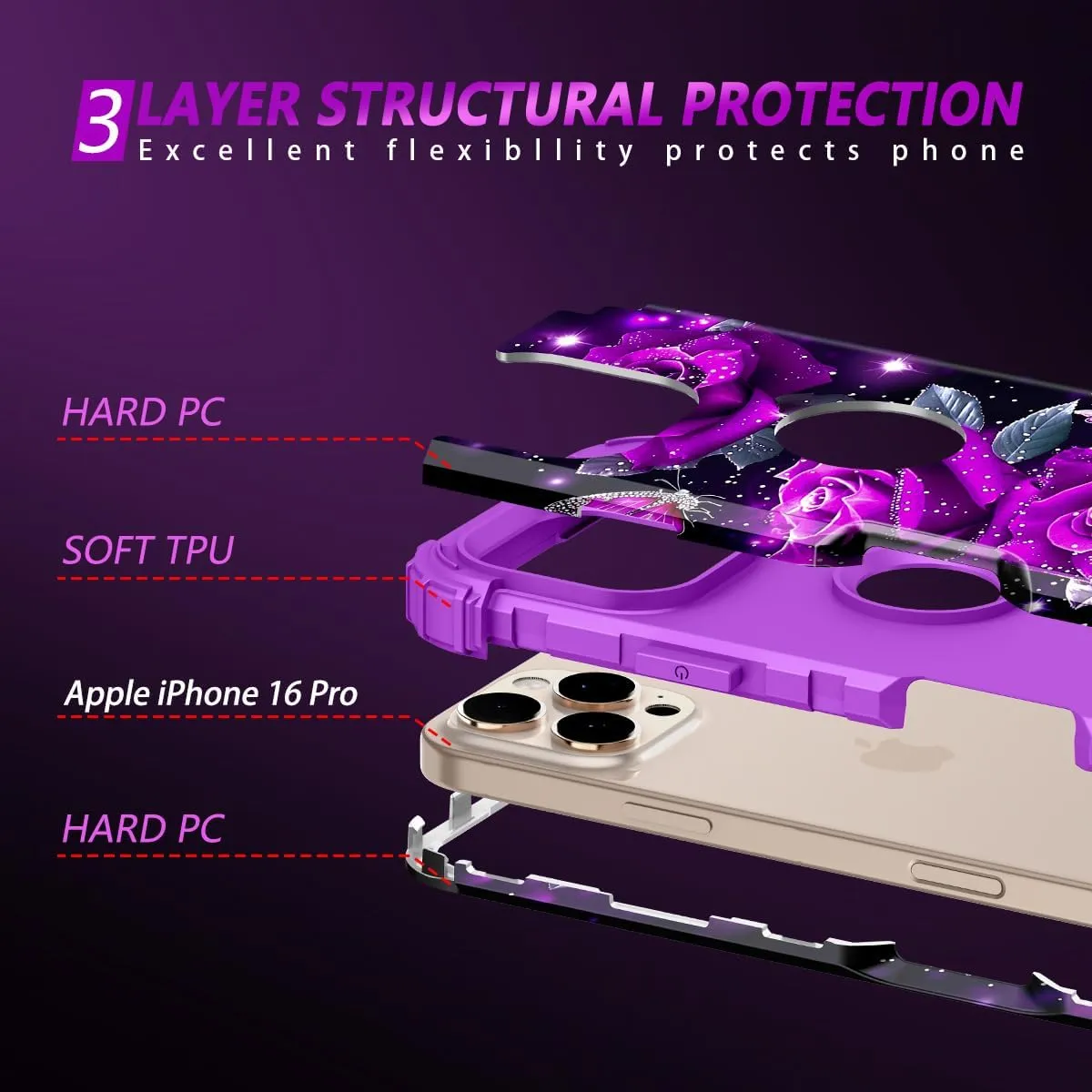 iPhone 16 Case Glow The Dark Three Layer Heavy Duty Shockproof Protection Hard Plastic Bumper Soft Silicone Case