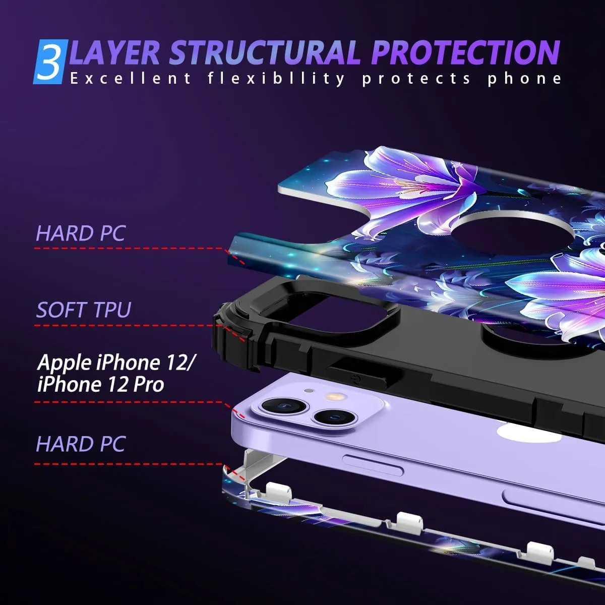 iPhone 16 Case Glow The Dark Three Layer Heavy Duty Shockproof Protection Hard Plastic Bumper Soft Silicone Case