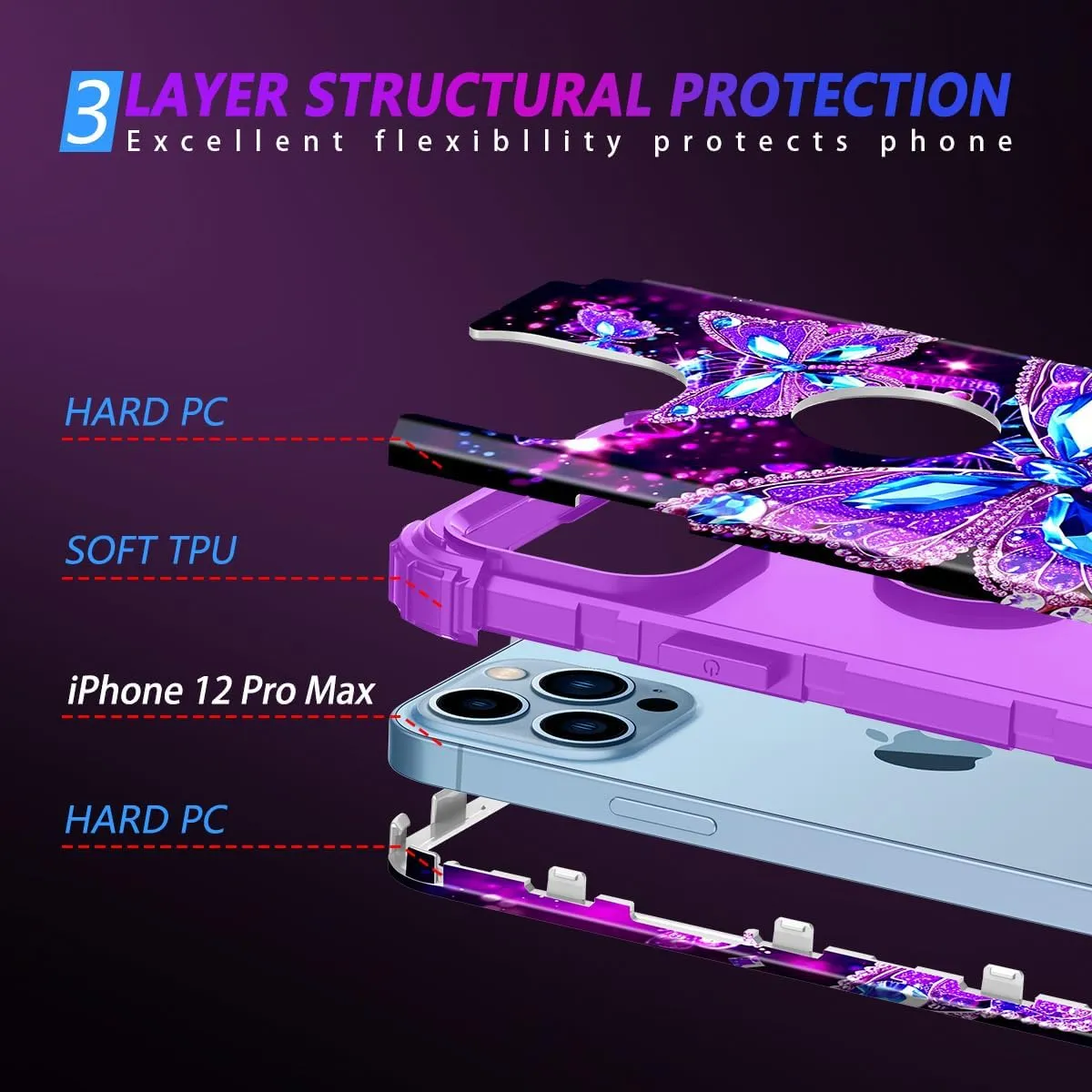 iPhone 16 Case Glow The Dark Three Layer Heavy Duty Shockproof Protection Hard Plastic Bumper Soft Silicone Case