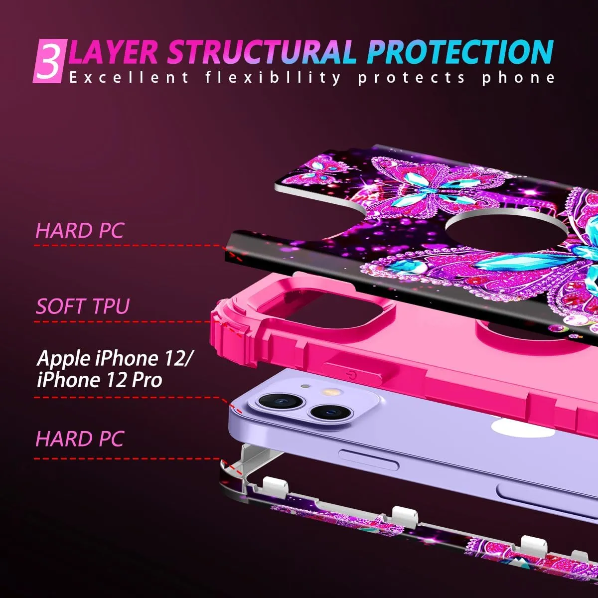 iPhone 16 Case Glow The Dark Three Layer Heavy Duty Shockproof Protection Hard Plastic Bumper Soft Silicone Case