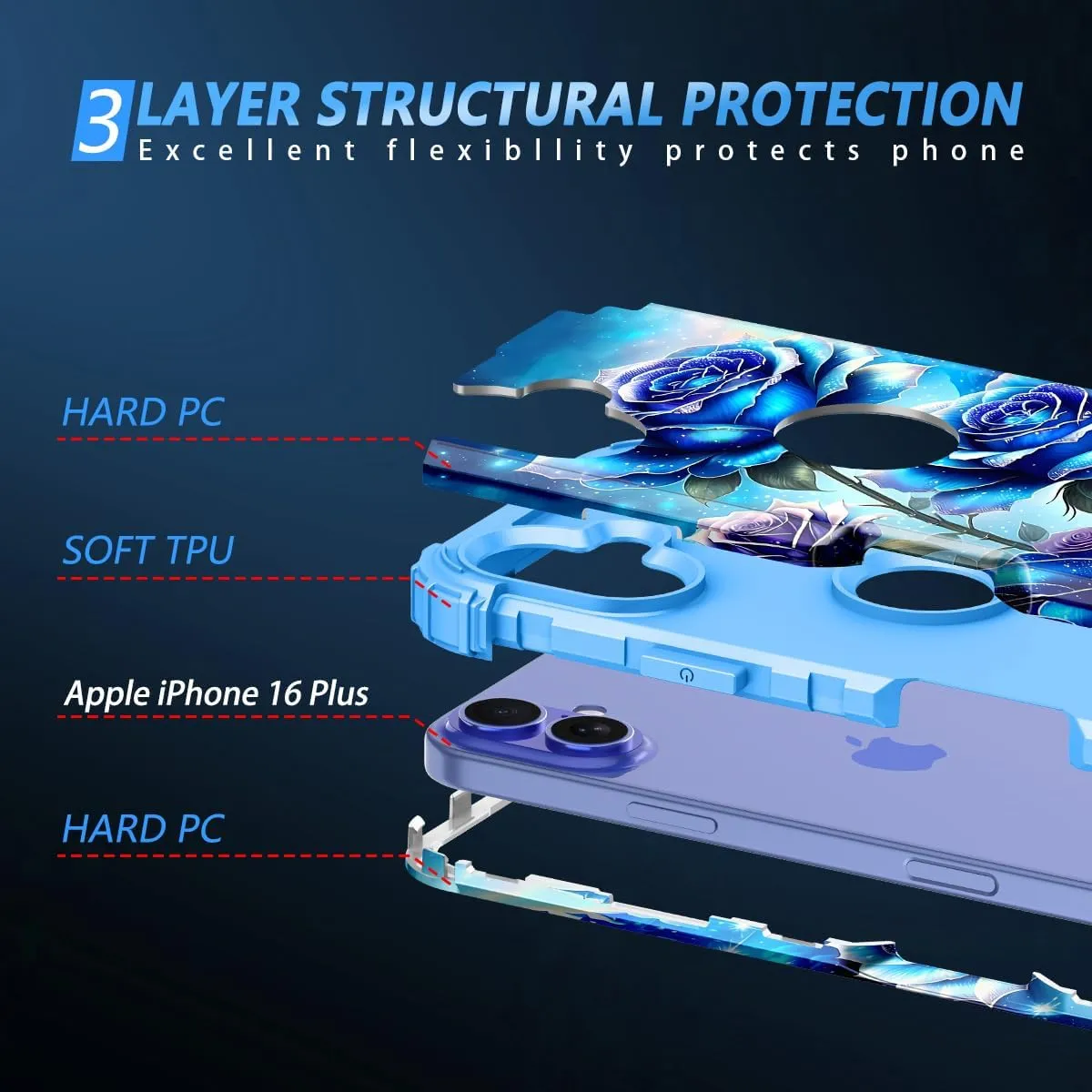 iPhone 16 Case Glow The Dark Three Layer Heavy Duty Shockproof Protection Hard Plastic Bumper Soft Silicone Case