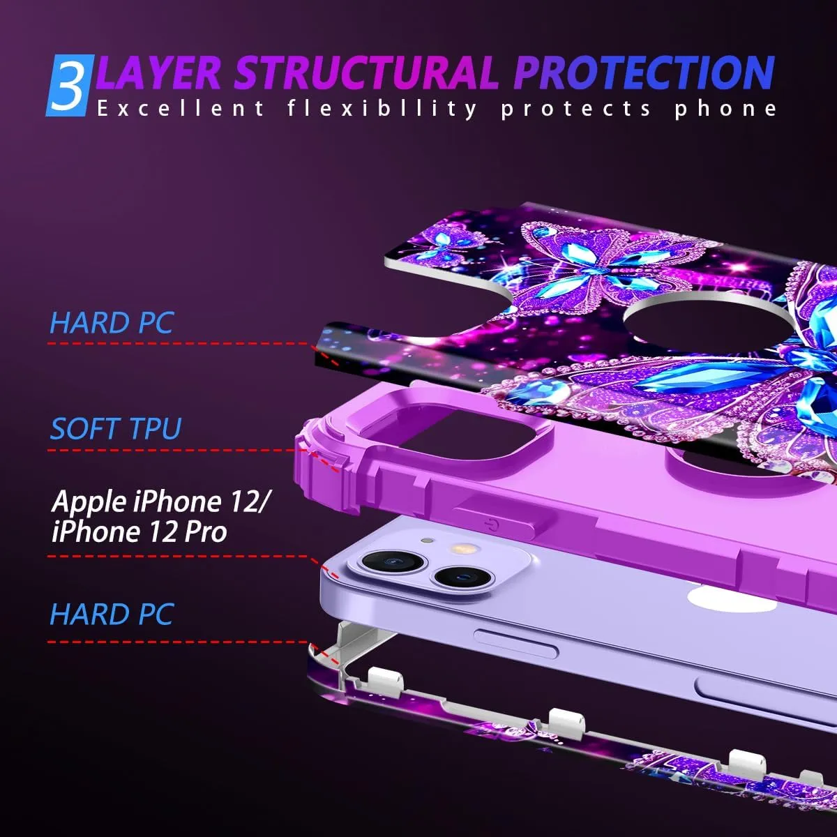iPhone 16 Case Glow The Dark Three Layer Heavy Duty Shockproof Protection Hard Plastic Bumper Soft Silicone Case