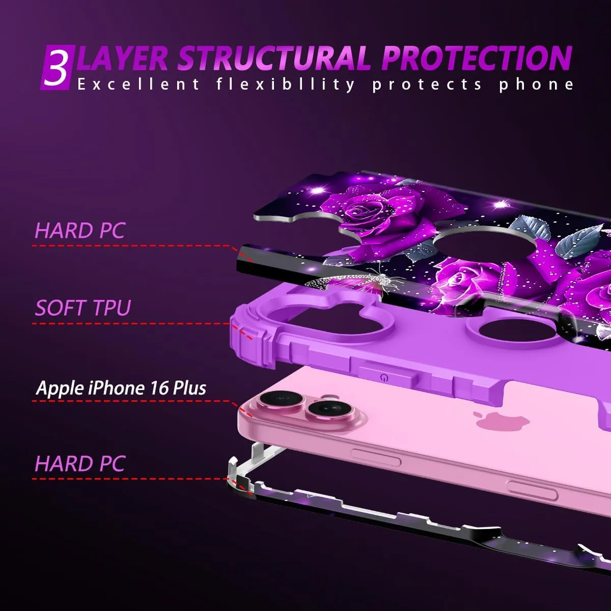 iPhone 16 Case Glow The Dark Three Layer Heavy Duty Shockproof Protection Hard Plastic Bumper Soft Silicone Case