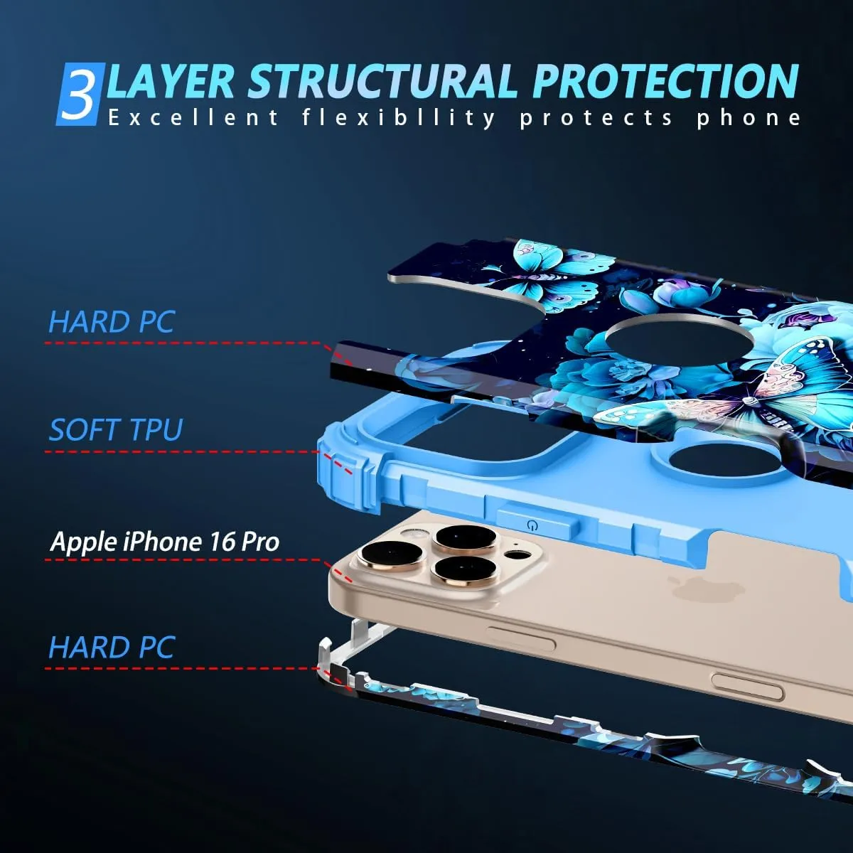 iPhone 16 Case Glow The Dark Three Layer Heavy Duty Shockproof Protection Hard Plastic Bumper Soft Silicone Case