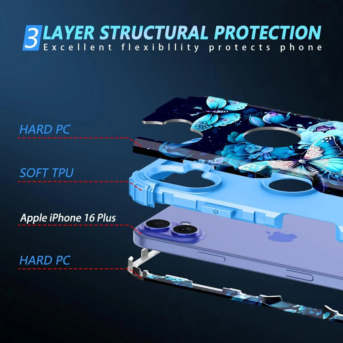 iPhone 16 Case Glow The Dark Three Layer Heavy Duty Shockproof Protection Hard Plastic Bumper Soft Silicone Case