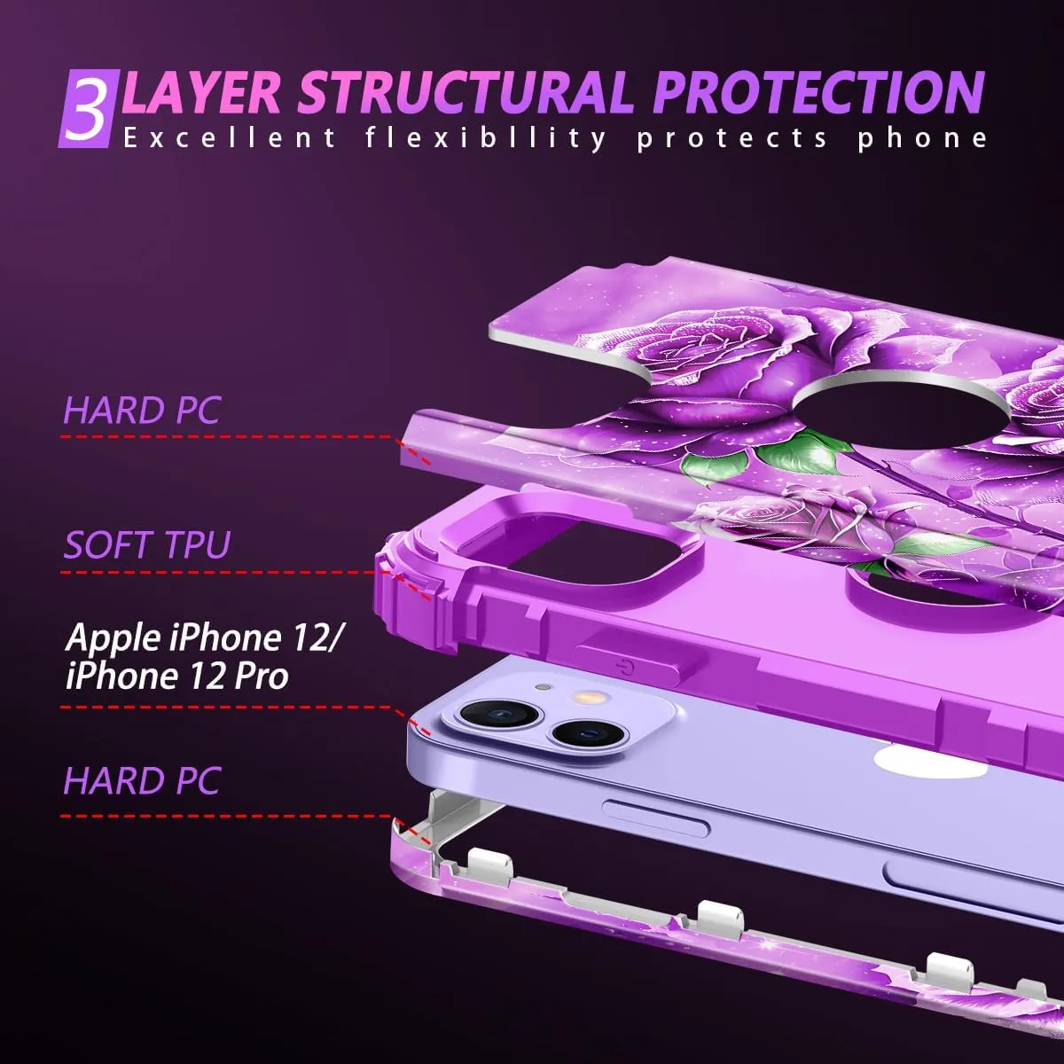 iPhone 16 Case Glow The Dark Three Layer Heavy Duty Shockproof Protection Hard Plastic Bumper Soft Silicone Case