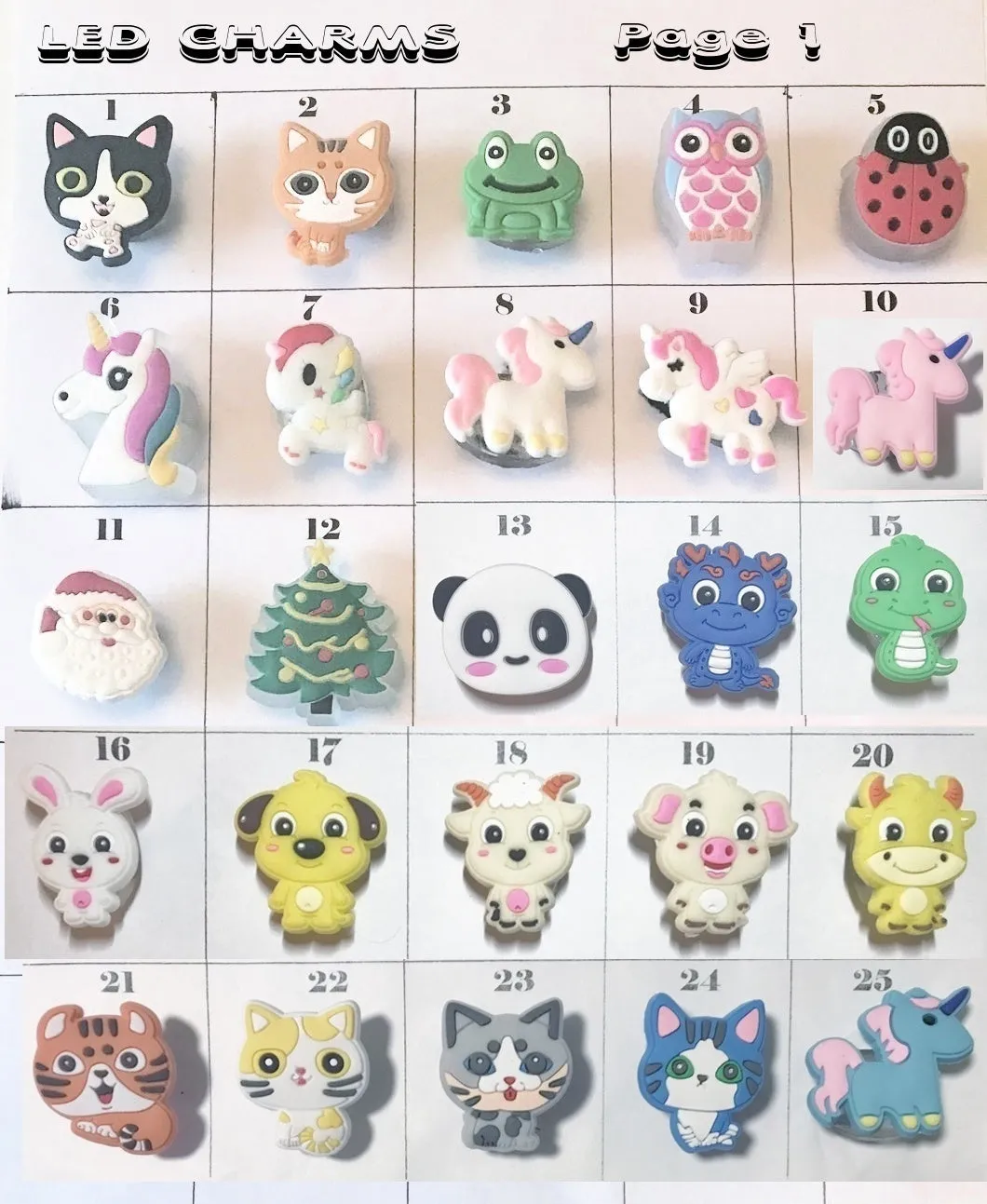 LED shoe charms-lights up, heart, bear, cat, dog, smile, mushroom, shark, unicorn, santa