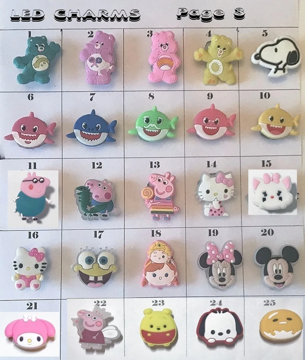 LED shoe charms-lights up, heart, bear, cat, dog, smile, mushroom, shark, unicorn, santa