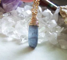 Natural Blue Kyanite Gold Wrapped Gemstone Pendant Necklace