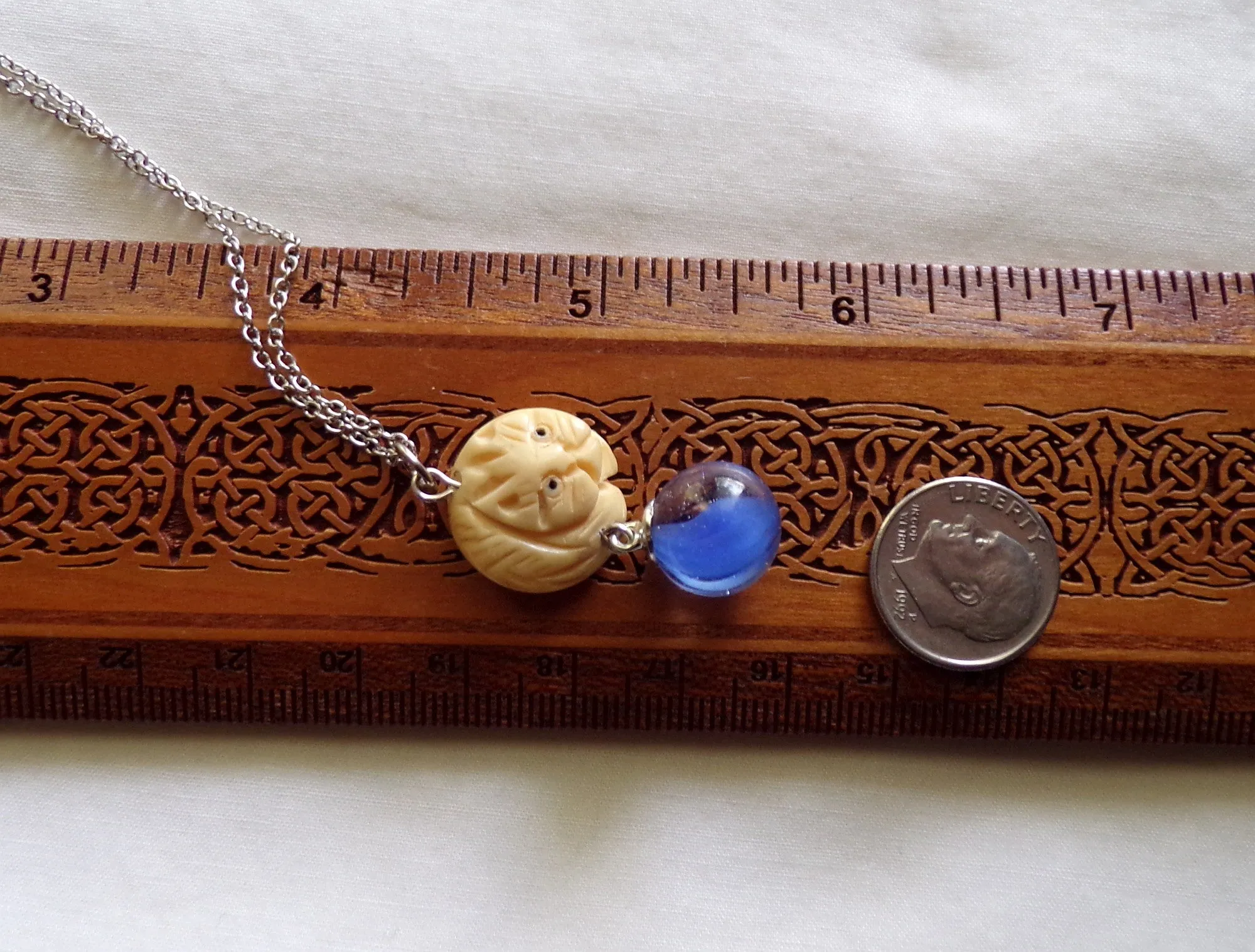Netsuke Cat Carved Bead with Blue Cat's Eye Marble Pendant Necklace