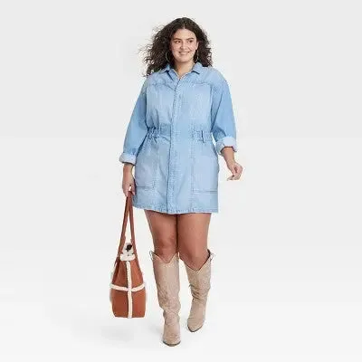 New - Women's Long Sleeve Denim Shirtdress - Universal Thread