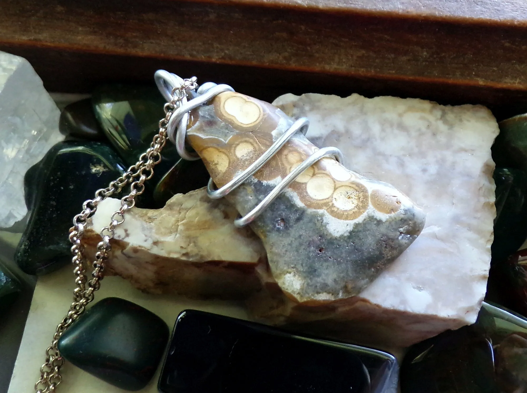 Ocean Jasper Natural Stone Wire Wrapped Pendant Necklace