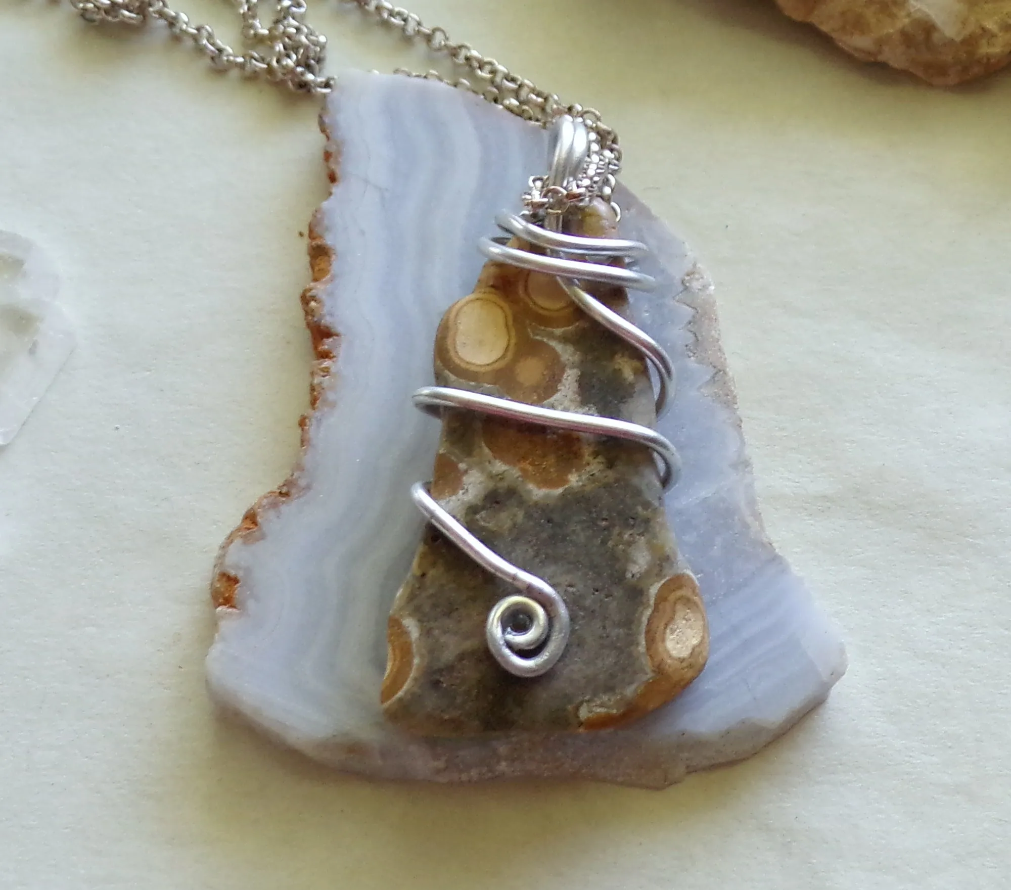 Ocean Jasper Natural Stone Wire Wrapped Pendant Necklace