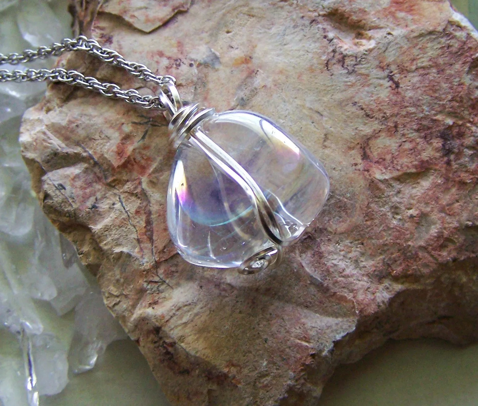 Opal Aura Iridescent Polished Quartz Crystal Wire Wrapped Pendant