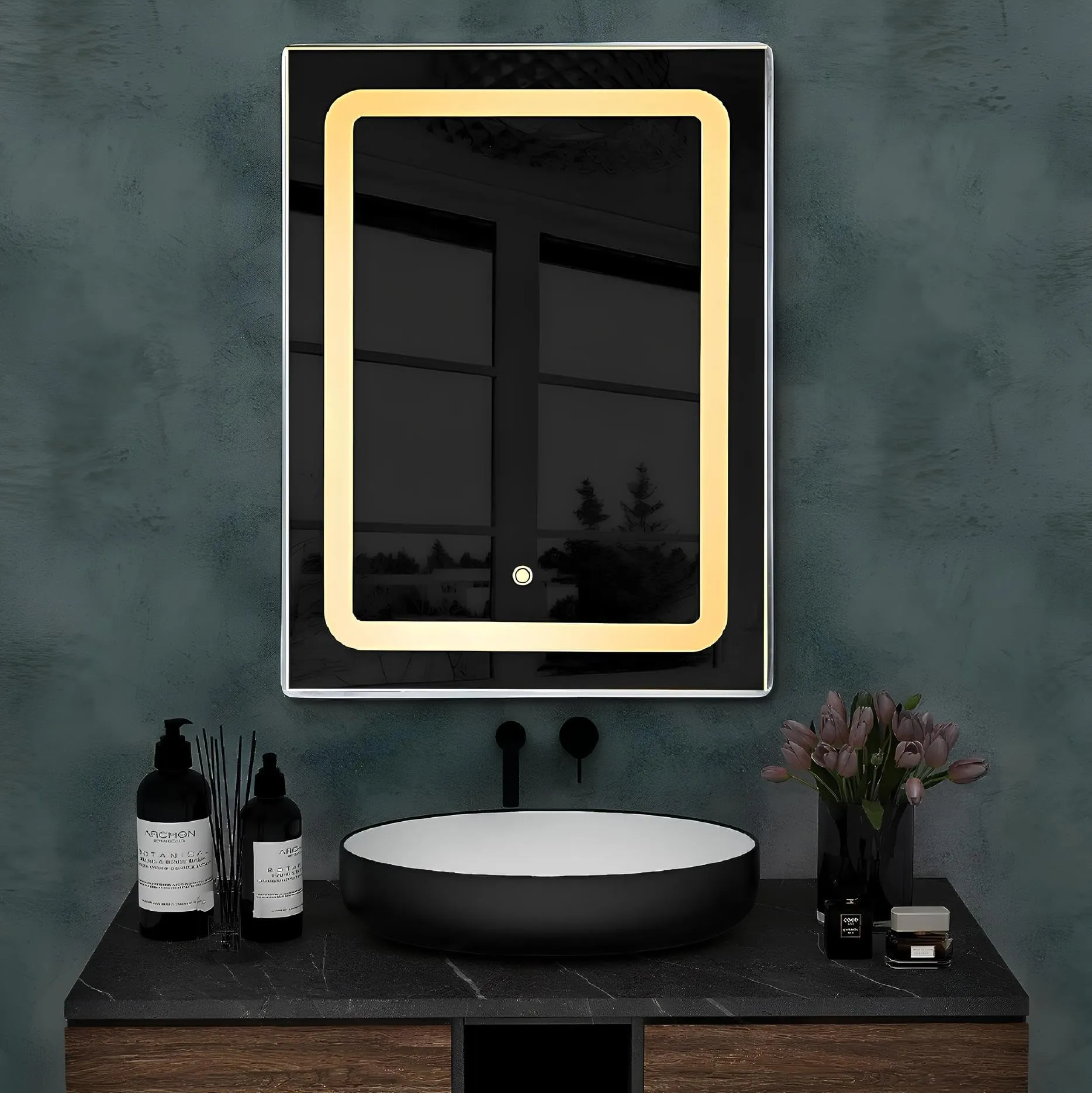 SANIF® Modern LED Bathroom Mirror, 18x24 Inch, Wall-Mounted with Touch Sensor, Adjustable Colour Design for Bedroom and Wash Basin