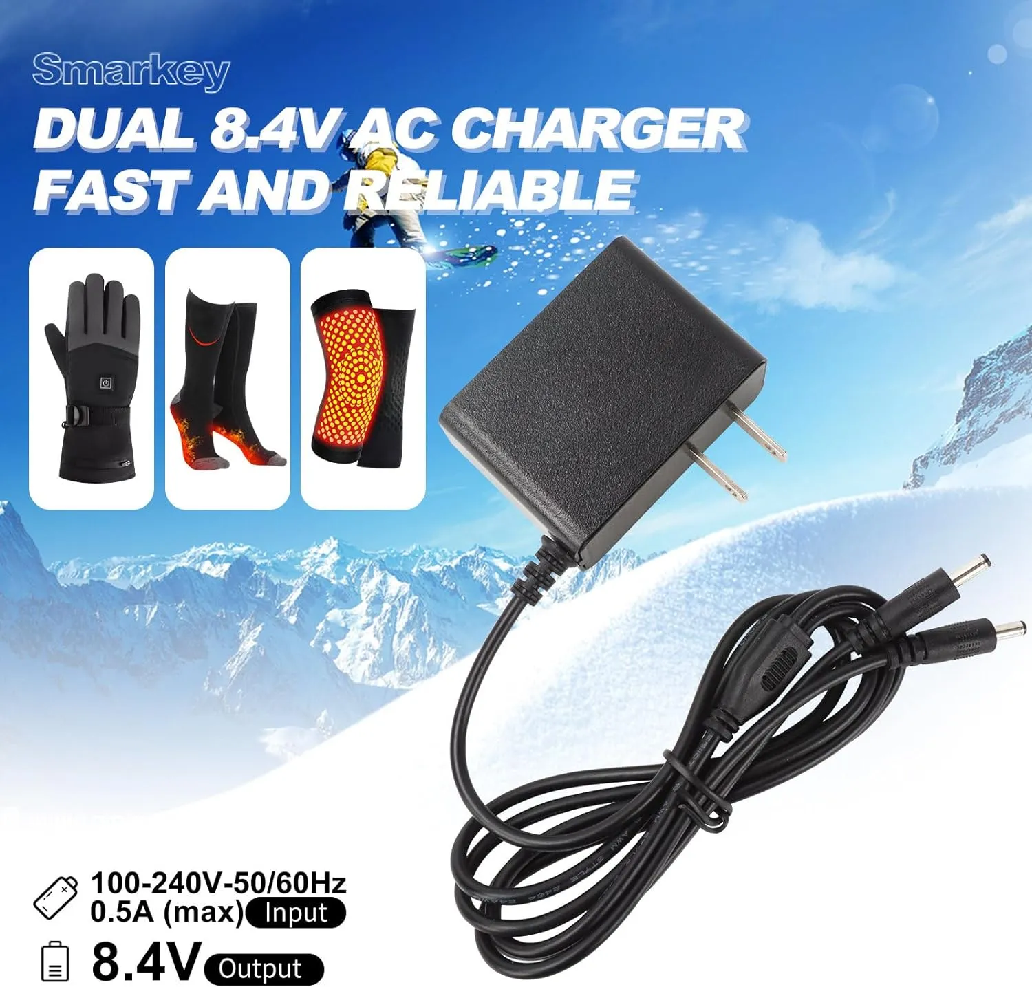 Smarkey 8.4V Heated Gloves Charger, Heated Glove Adapter, Heated Mittens, Heated Insoles Dual Port Cable for Heated Gloves Battery Charging