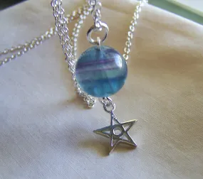 Sterling Silver Star Blue Rainbow Fluorite Crystal Ball Pendant