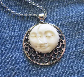 Sun and Moon Face Natural Carved Bone Pendant Necklace
