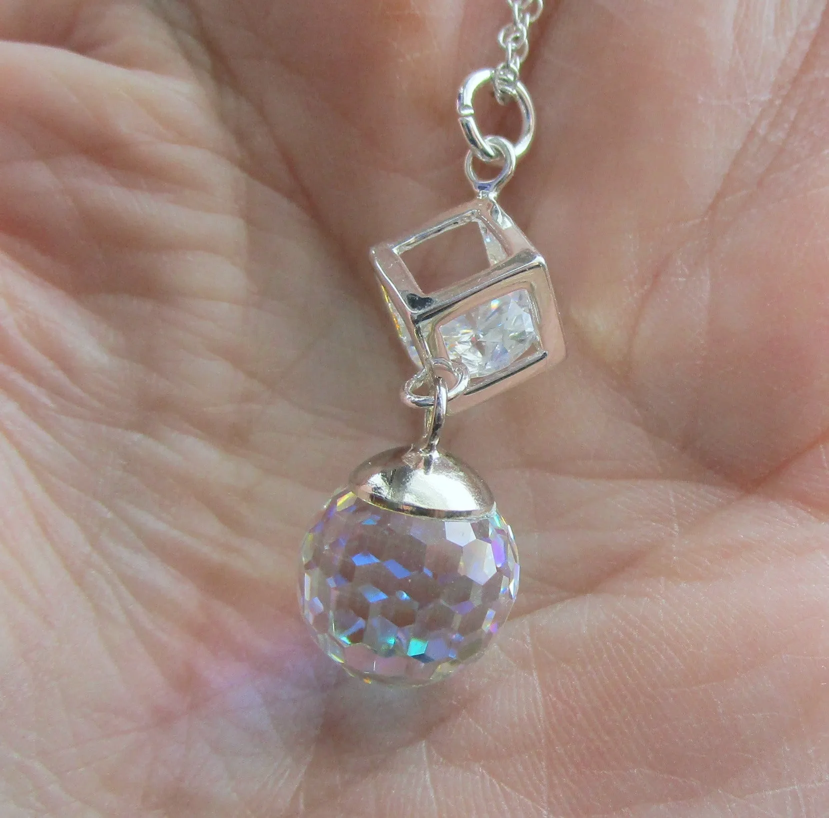Swarovski Aurora Borealis Crystal Disco Ball Silver Cube Cage Pendant Necklace