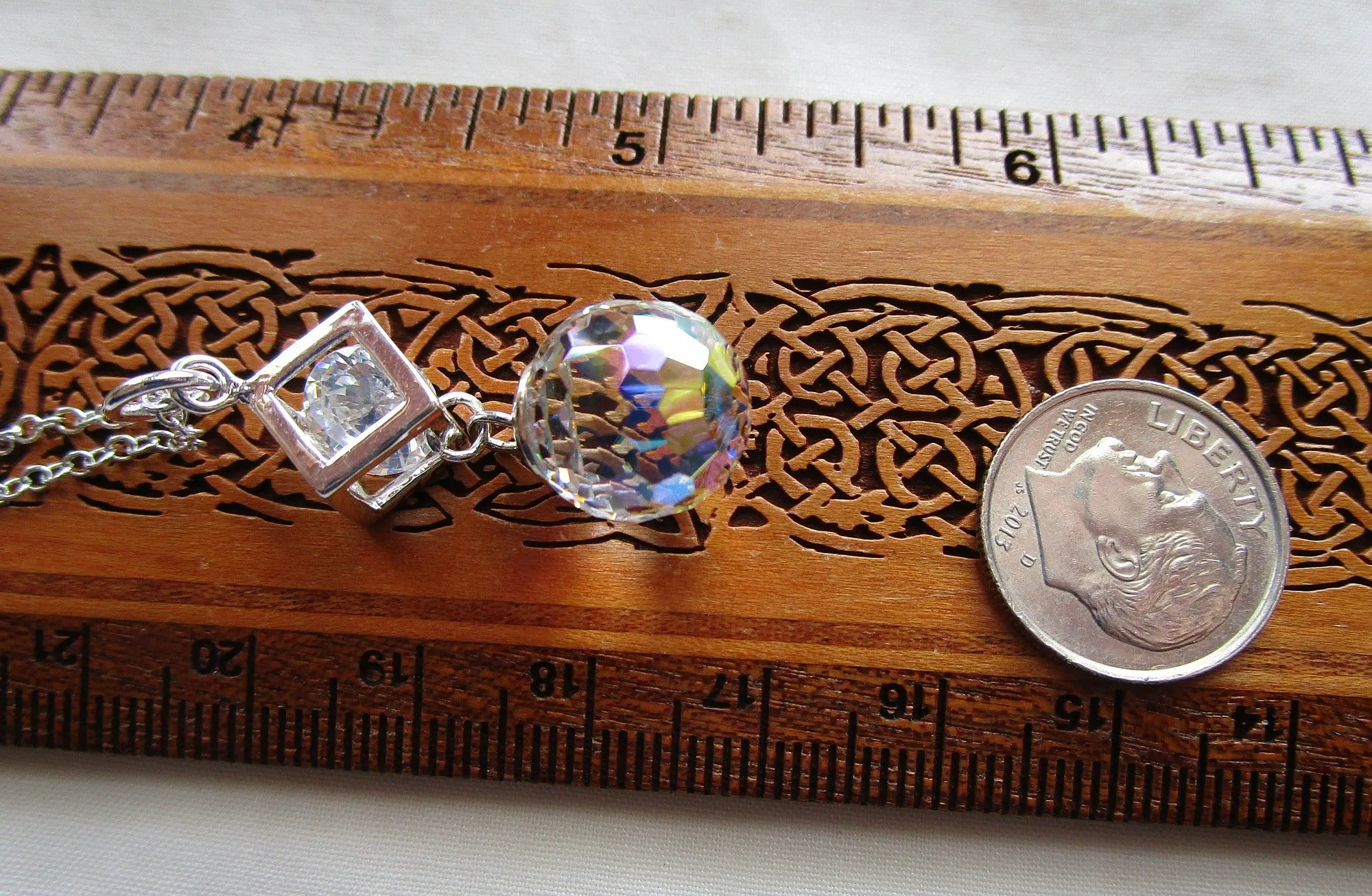 Swarovski Aurora Borealis Crystal Disco Ball Silver Cube Cage Pendant Necklace