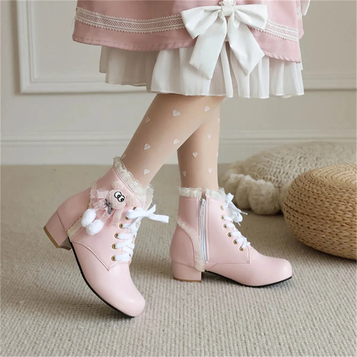 Uniwim Japanese College Cosplay Sweet Girls Shoes Kawaii Lace Ruffle Lolita Lacing Strap Hairball Dolls Cute Winter 2cm Solid Boots
