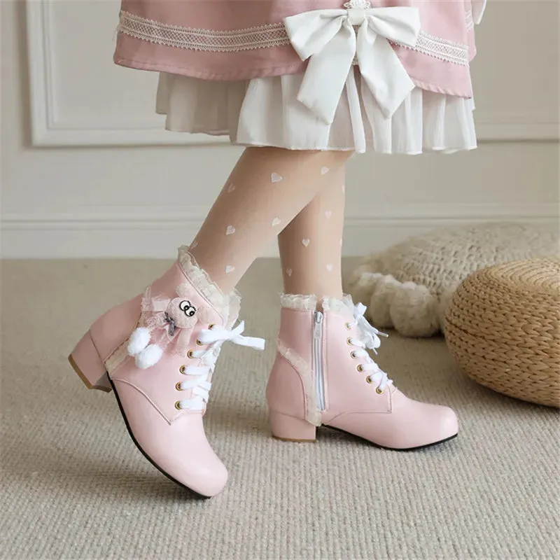 Uniwim Japanese College Cosplay Sweet Girls Shoes Kawaii Lace Ruffle Lolita Lacing Strap Hairball Dolls Cute Winter 2cm Solid Boots