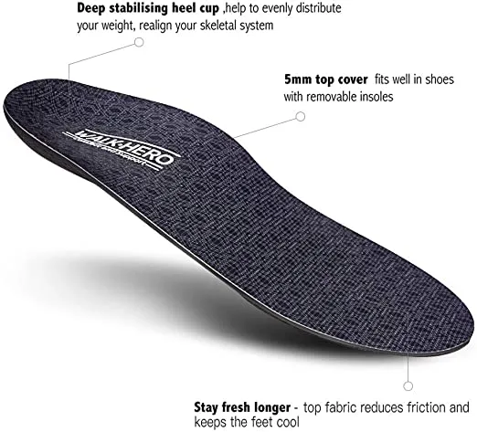 Walk-Hero | Thin and Cushioning Shoe Insoles | High Arch | Black