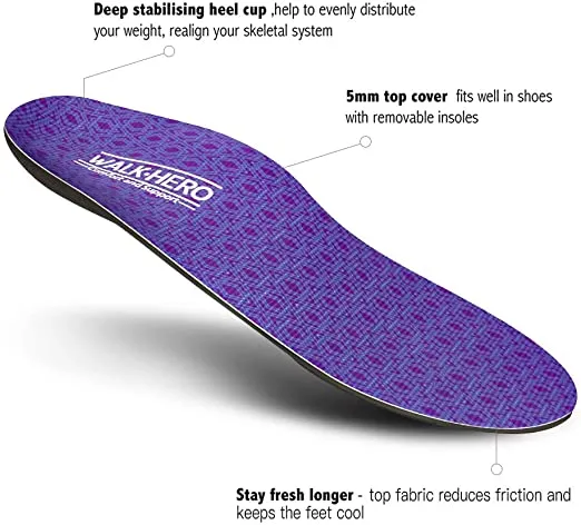 Walk-Hero | Thin and Cushioning Shoe Insoles | High Arch | Purple