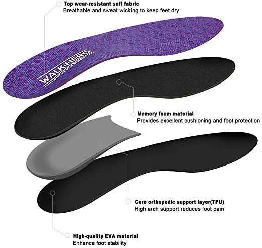 Walk-Hero | Thin and Cushioning Shoe Insoles | High Arch | Purple