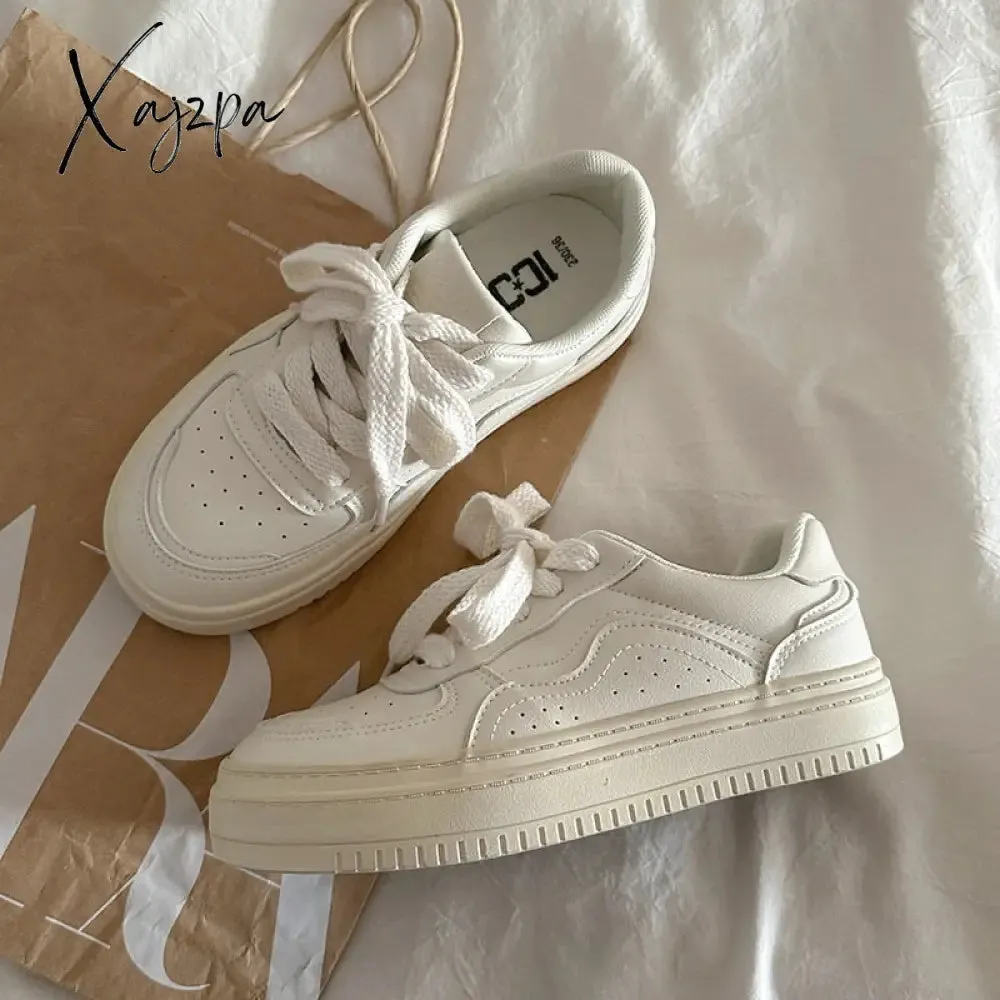 Xajzpa Brand Leather Sneakers Women Platform White Woman Sports Sneakers Female Vulcanized Shoes Sneakers Casual Ladies Flats Lace Up